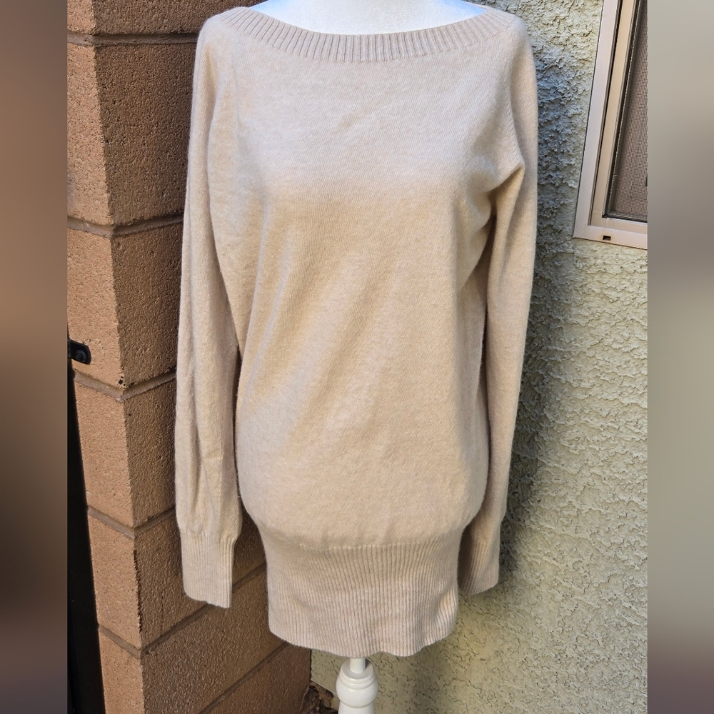 Women's Long Sleeve Boatneck Sweater Dress in Beige